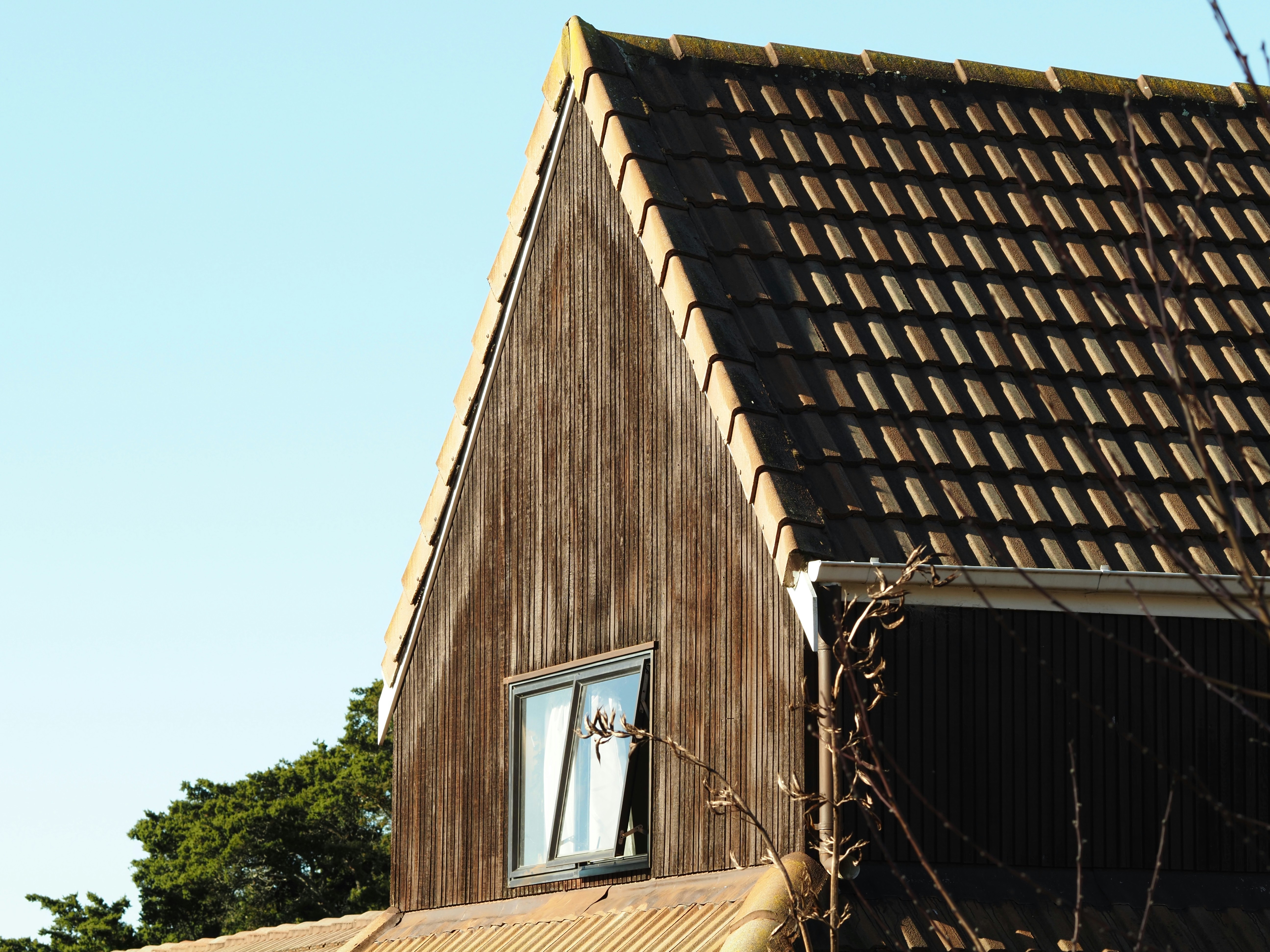 A wooden house in New Zealand with a tiled roof, window, and clear blue sky. Unedited photo taken in warm natural light. Shot on Olympus OM-5 Mark II.